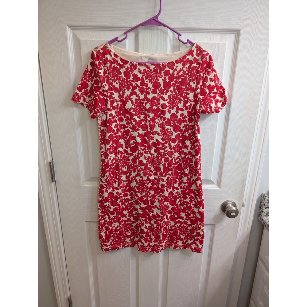 Tory Burch Red Floral‎ Striped Pima Cotton Boat Neck Shift Dress - Size S
